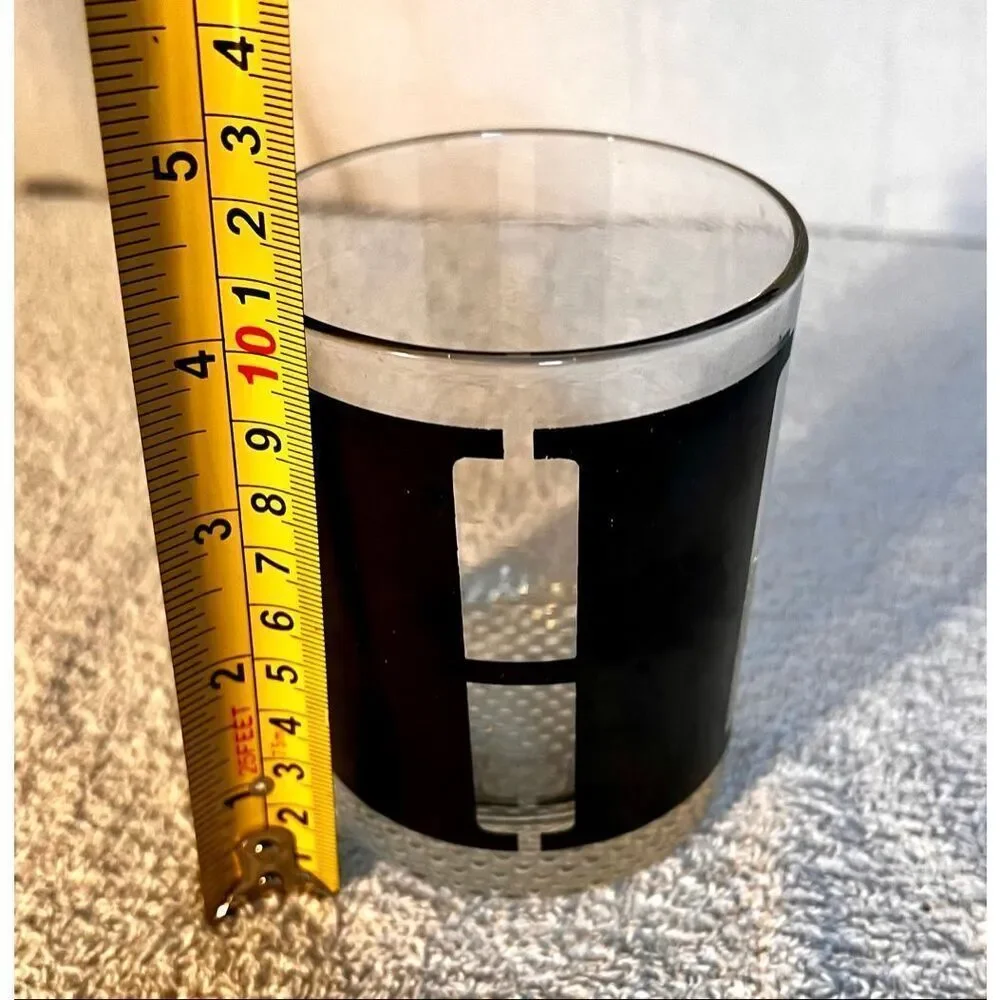 Vintage Modern Glass Monogram Lowball Black Bold Letter H Glassware 4in Tall